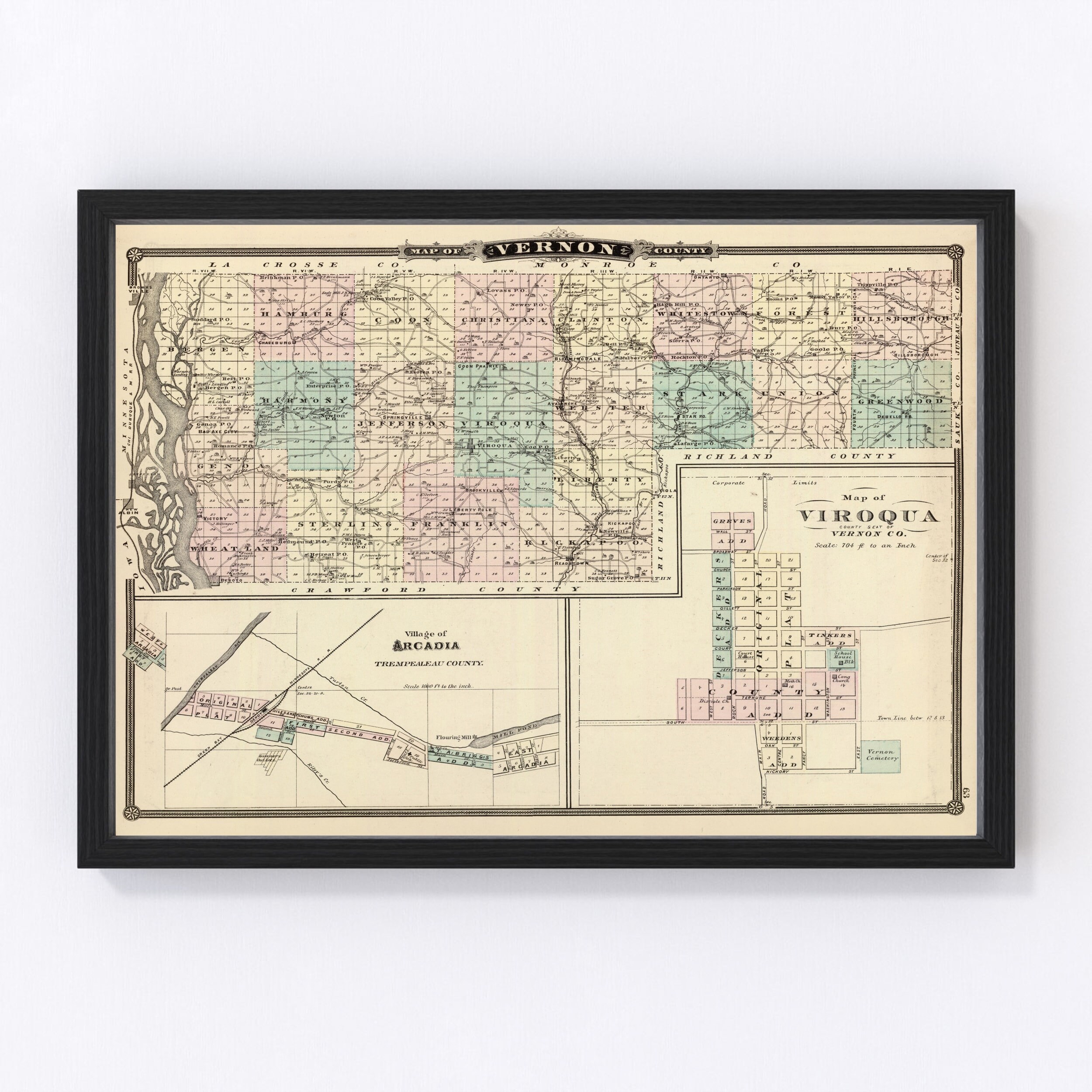 Vernon County WI Map 1878 Old Map of Viroqua Wisconsin Art Etsy