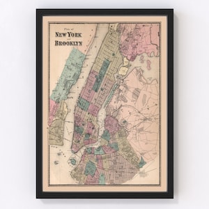 Brooklyn Map 1867 - Old Map of Brooklyn New York Art Vintage Print Framed Canvas Portrait History Genealogy Farmhouse Décor