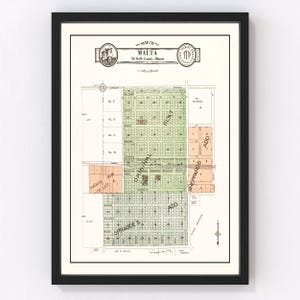 May include: A vintage map of Malta, De Kalb County, Illinois, showing the layout of streets and property lots. The map is in a green, orange, and brown color scheme and includes the names of the different areas, such as "Original Plat", "Sheppard's Add", and "Sprague's Add".