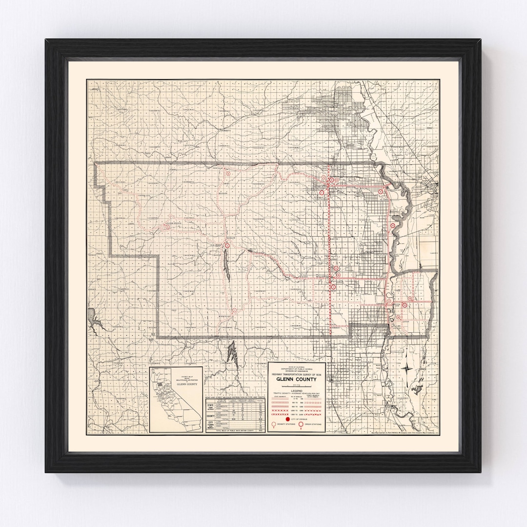 Glenn County CA Map 1935 Old Map of California Art Vintage Print Framed