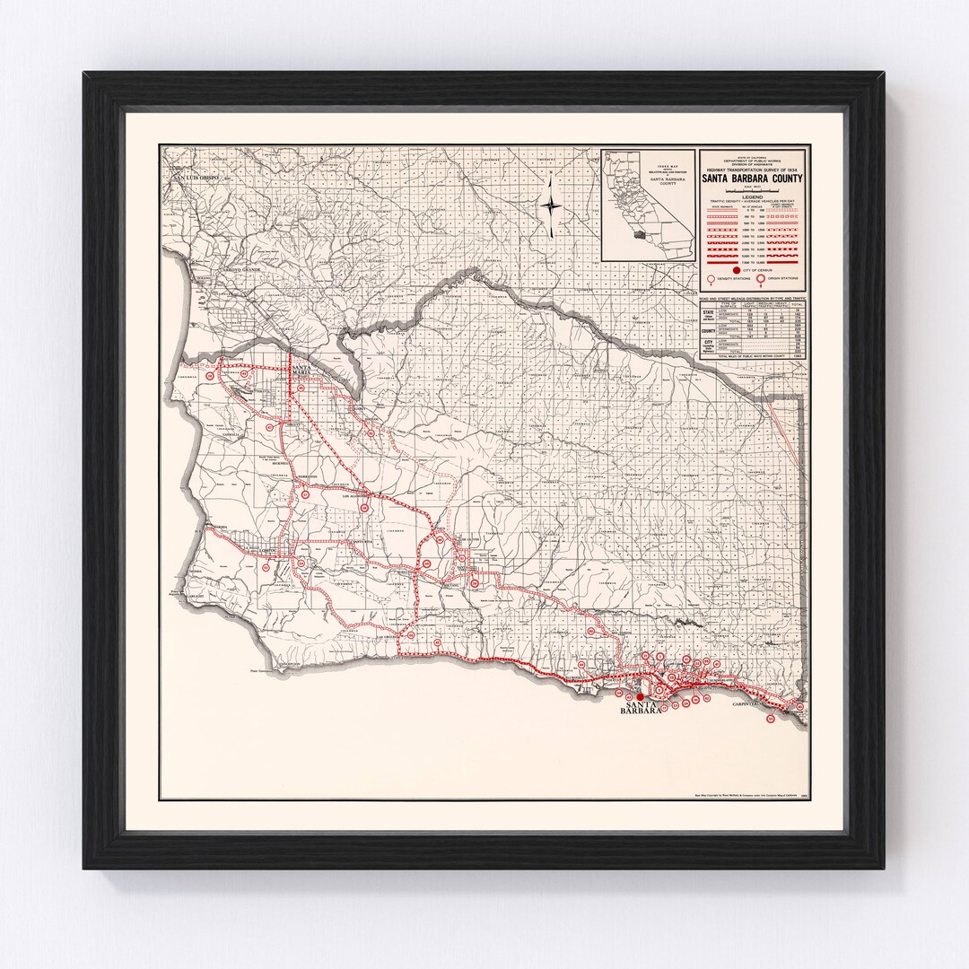 Santa Barbara County CA Map 1935 Old Map of California Art Vintage Print Framed Canvas Portrait ...