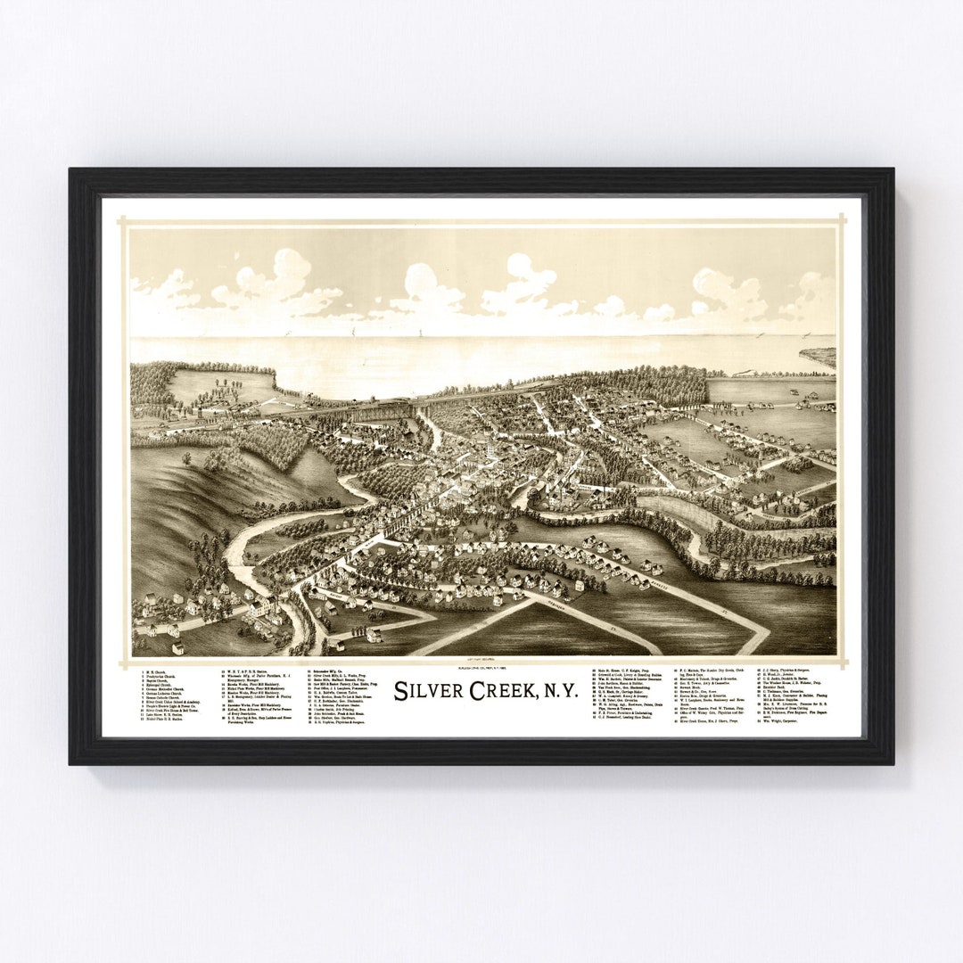 Silver Creek Map 1892 Old Map of Silver Creek New York Art Vintage Print Framed Canvas Bird's