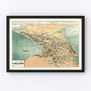 May include: A vintage pictorial map of the Caucasus region, showing the Black Sea and Caspian Sea, with the text " Pictorial Map of the CAUCASUS Issued by USSR Travel Company".