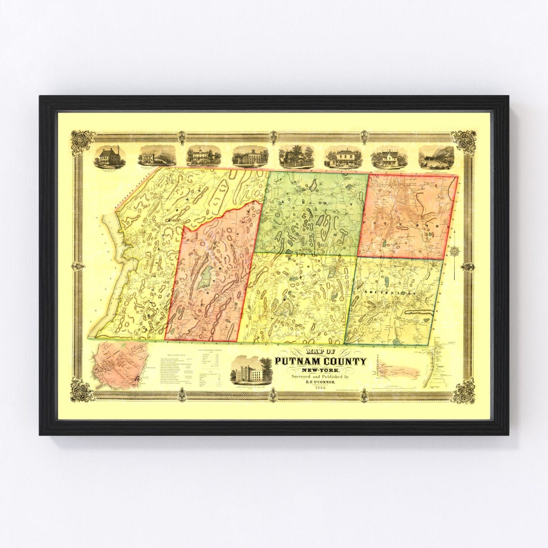 Putnam County New York Map 1854 Old Map of Putnam County New York Art Vintage Print Framed