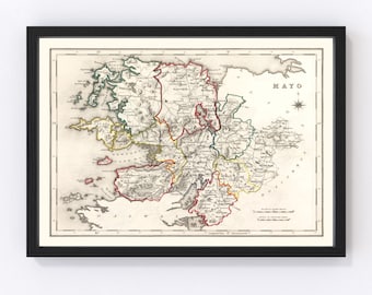 Mayo County Ireland Map 1846 - Old Map of Mayo County Ireland Ireland Art Vintage Print Framed Wall Art Canvas Portrait  History Genealogy