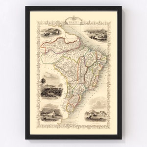 Mapa de Brasil 1851, mapa antiguo de Brasil, arte antiguo de Brasil, regalo de arte mural para amantes de la historia de Brasil, decoración retro