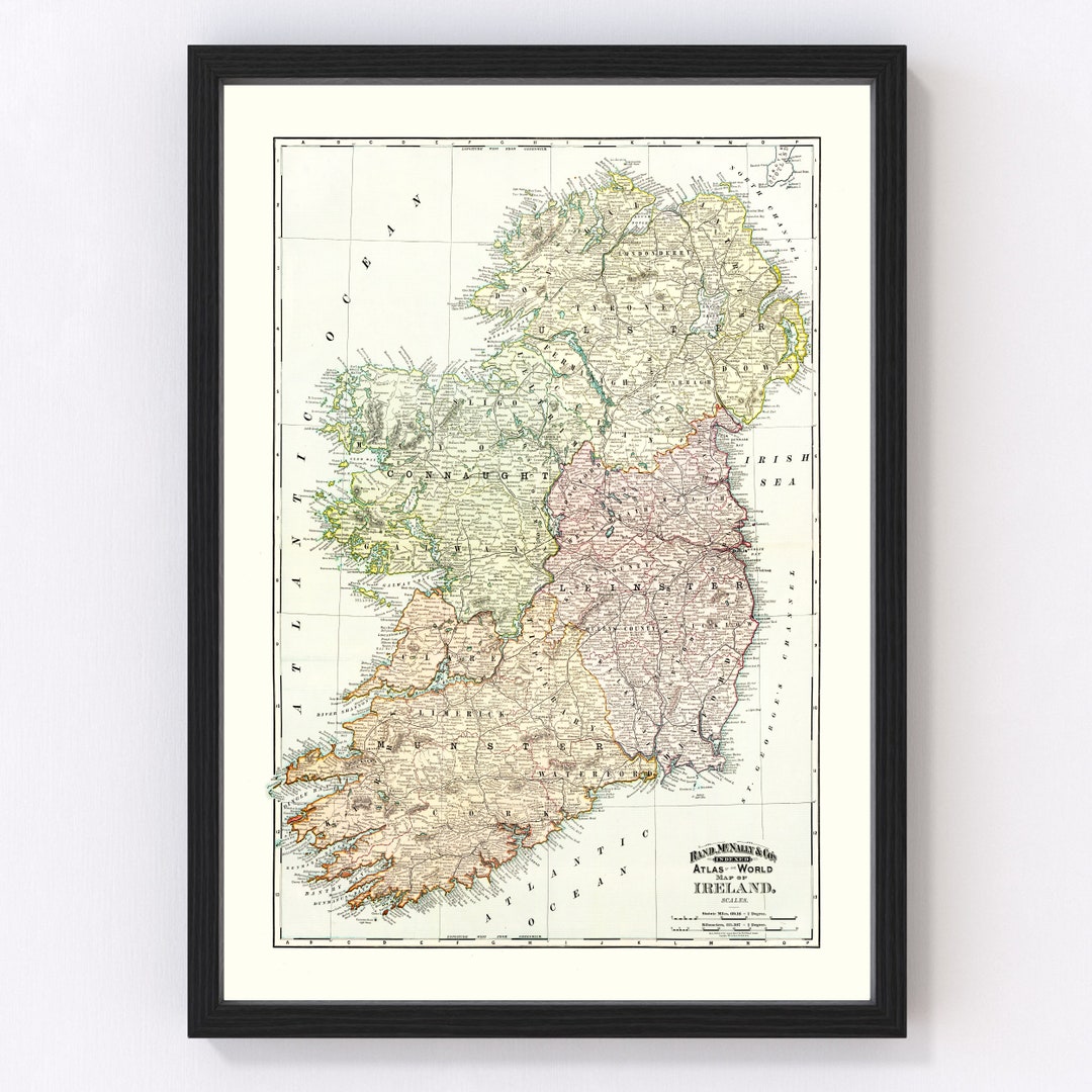 Ireland Map Art Vintage Print From 1897 Old Ireland Art Framed or