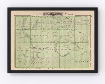 Faribault County Map 1874, Vintage Faribault County Map, Old Faribault County Minnesota Art, Wall Art Gift for Faribault County History Love
