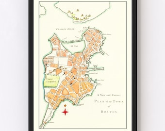 May include: A vintage map of Boston, Massachusetts, with a compass rose in the lower right corner. The map shows the layout of the city with streets, buildings, and landmarks. The title "A New and Correct PLAN of the TOWN of BOSTON." is printed at the bottom of the map.