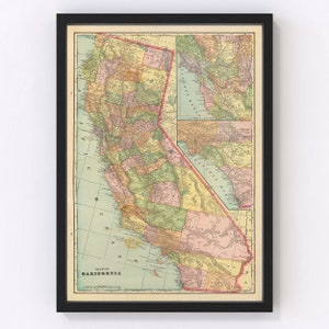 California Map 1909, Vintage California Map, Old California Art, Wall Art Gift for California History Lovers Retro Decor