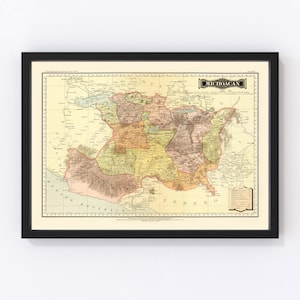 Michoacan Mexico Map 1886 - Old Map of Michoacan Mexico Mexico Art Vintage Print Framed Wall Art Canvas Portrait  History Genealogy