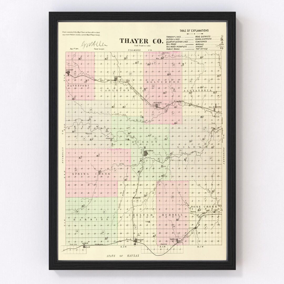 Thayer County Map 1885, Vintage Thayer County Map, Old Thayer County ...
