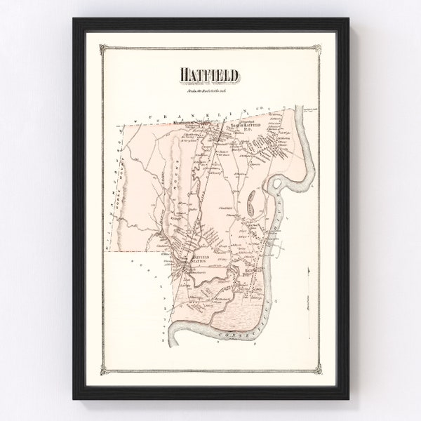 Hatfield Map 1873 - Old Map of Hatfield Massachusetts Art Vintage Print Framed Canvas Portrait History Genealogy Farmhouse Décor