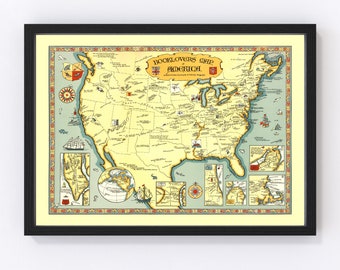 United States Map 1926, Vintage United States Map, Old United States Art, Wall Art Gift for United States History Lovers Retro Decor