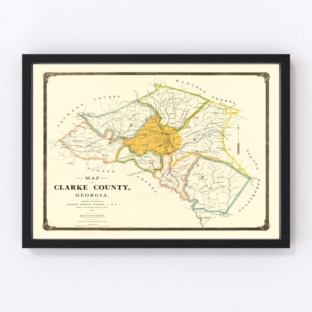 Clarke County Map 1893 Old Map of Clarke County Art Vintage Print Framed Canvas