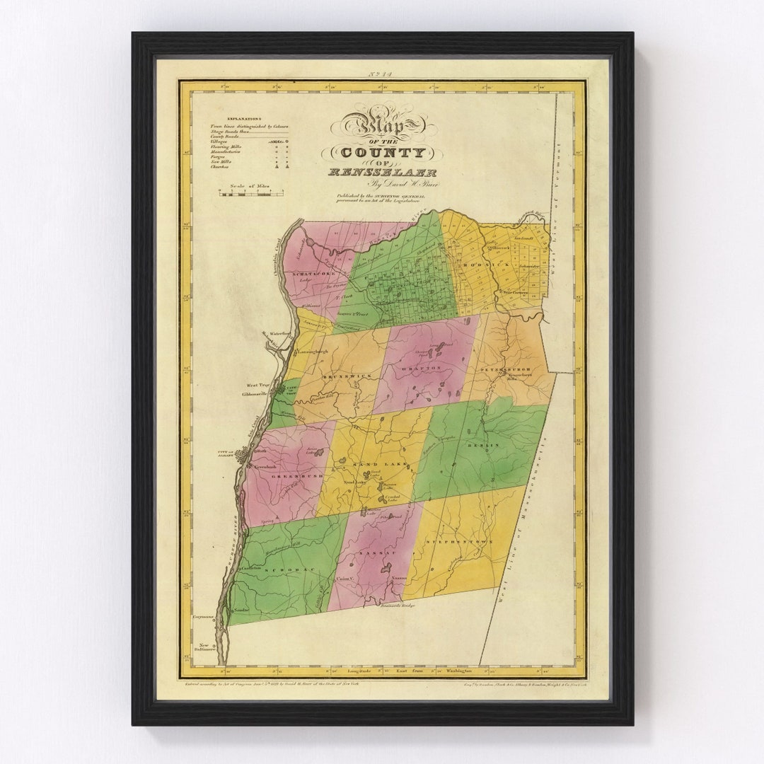 Rensselaer County Map 1829, Vintage Rensselaer County Map, Old ...
