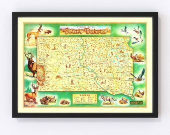 South Dakota Map 1946, Vintage South Dakota Map, Old South Dakota Art, Wall Art Gift for South Dakota History Lovers Retro Decor