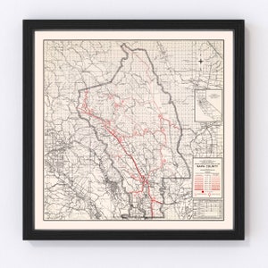 May include: Vintage map of Napa County, California, showing roads, towns, and population density. The map is printed in black and white with red dots indicating population density.
