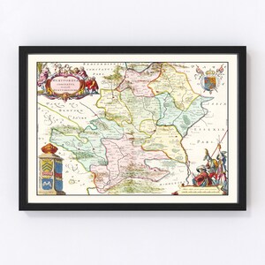 Hertfordshire Map 1665, Vintage Hertfordshire Map, Old Hertfordshire Art, Wall Art Gift for Hertfordshire History Lovers Retro Decor