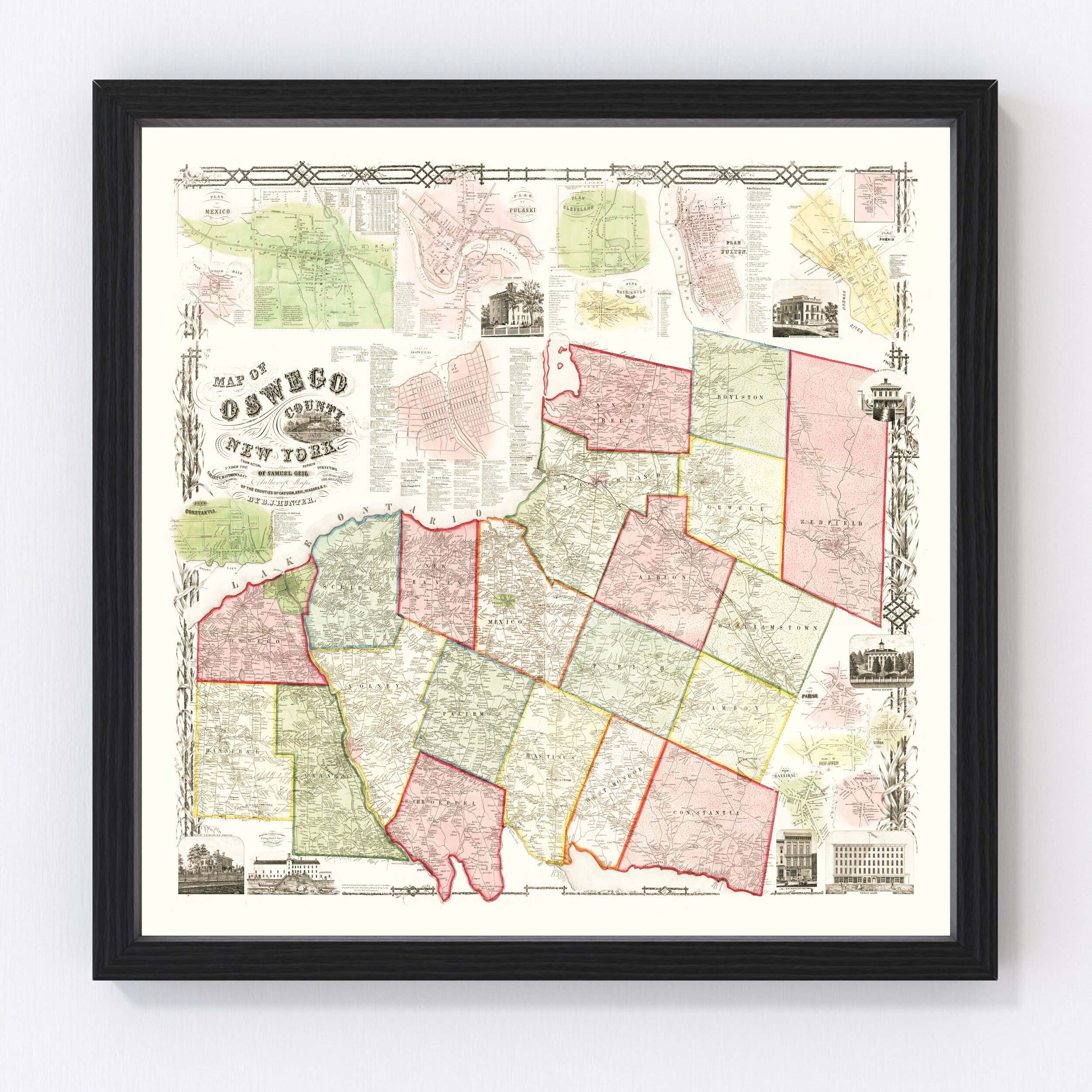 Oswego County Map 1854, Vintage Oswego County Map, Old Oswego County New York Art, Wall Art Gift for Oswego County History Lovers Retro Deco