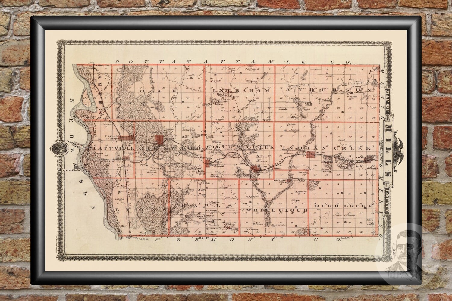 Vintage Mills County IA Map 1875 Old Iowa Map Historical Etsy