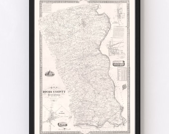 Bucks County Pennsylvania Map 1850 - Old Map of Bucks County Pennsylvania Art Vintage Print Framed Canvas Portrait History Genealogy