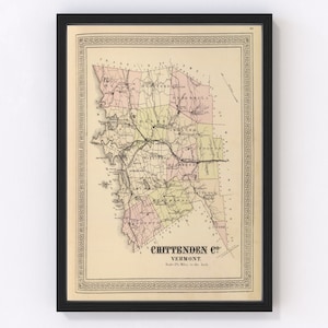 Chittenden County Map 1876, Vintage Chittenden County Map, Old Chittenden County Vermont Art, Wall Art Gift for Chittenden County History Lo