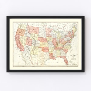 Arte del mapa de los Estados Unidos - Impresión vintage de 1883 - Arte antiguo de los Estados Unidos - Enmarcado o lienzo