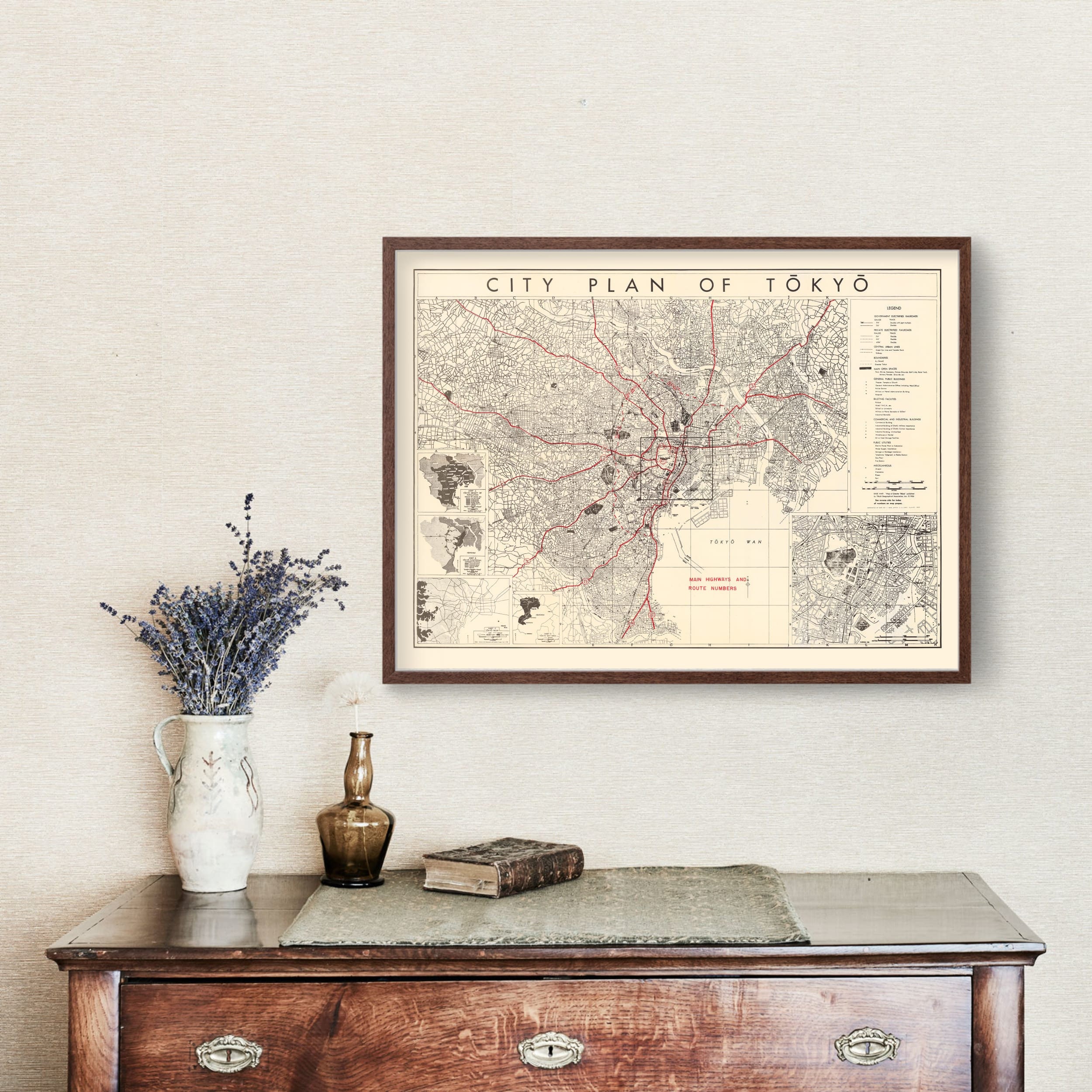 Tokyo Map 1945 - Old Map of Tokyo Japan Art Vintage Print Framed