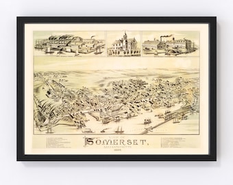 Somerset Map 1887 - Old Map of Somerset Massachusetts Art Vintage Print Framed Canvas Birds Eye View Portrait History Genealogy Farmhouse