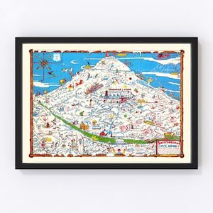 May include: A vintage illustrated map of a ski resort with a mountain in the center. The map is filled with skiers, snowboarders, and other winter activities. The text on the map reads "Sun Valley, Idaho, Recreation Area".