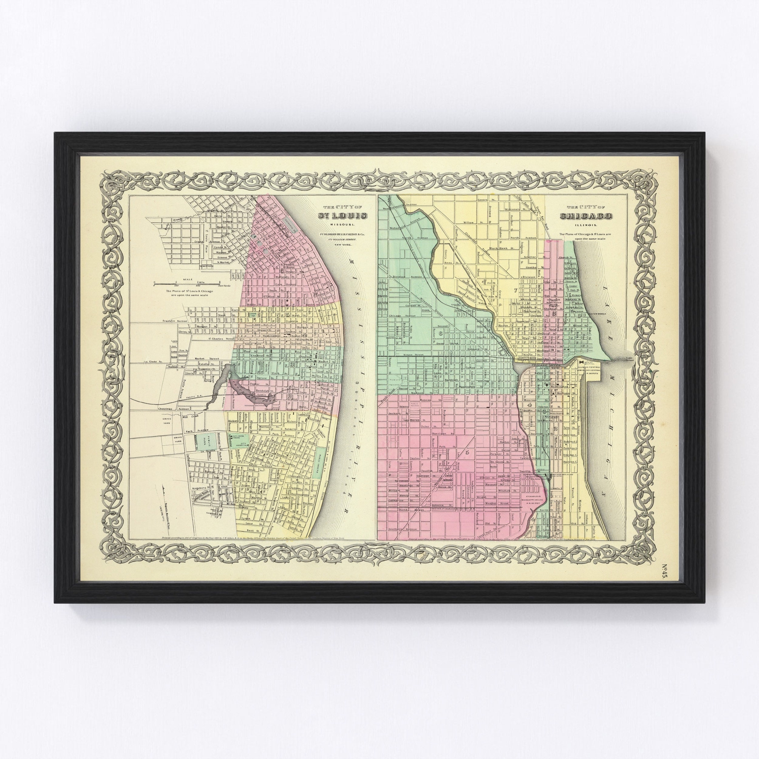 Carte Ancienne De Chicago, IL 1856 - Reproduction Vintage Encadrée, Art Mural Pour Déco Bureau
