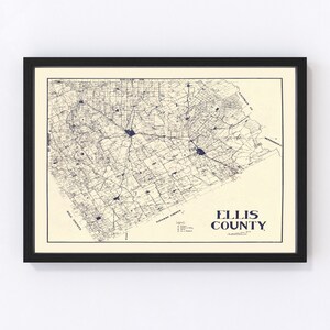 May include: A vintage map of Ellis County, Texas, with blue lines showing roads and towns. The map is framed in black and has a cream background.