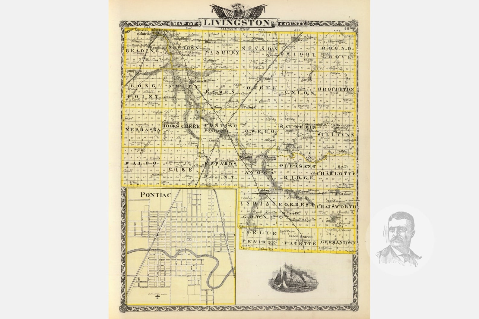 Vintage Livingston County IL Map 1876 Old Illinois Map Etsy
