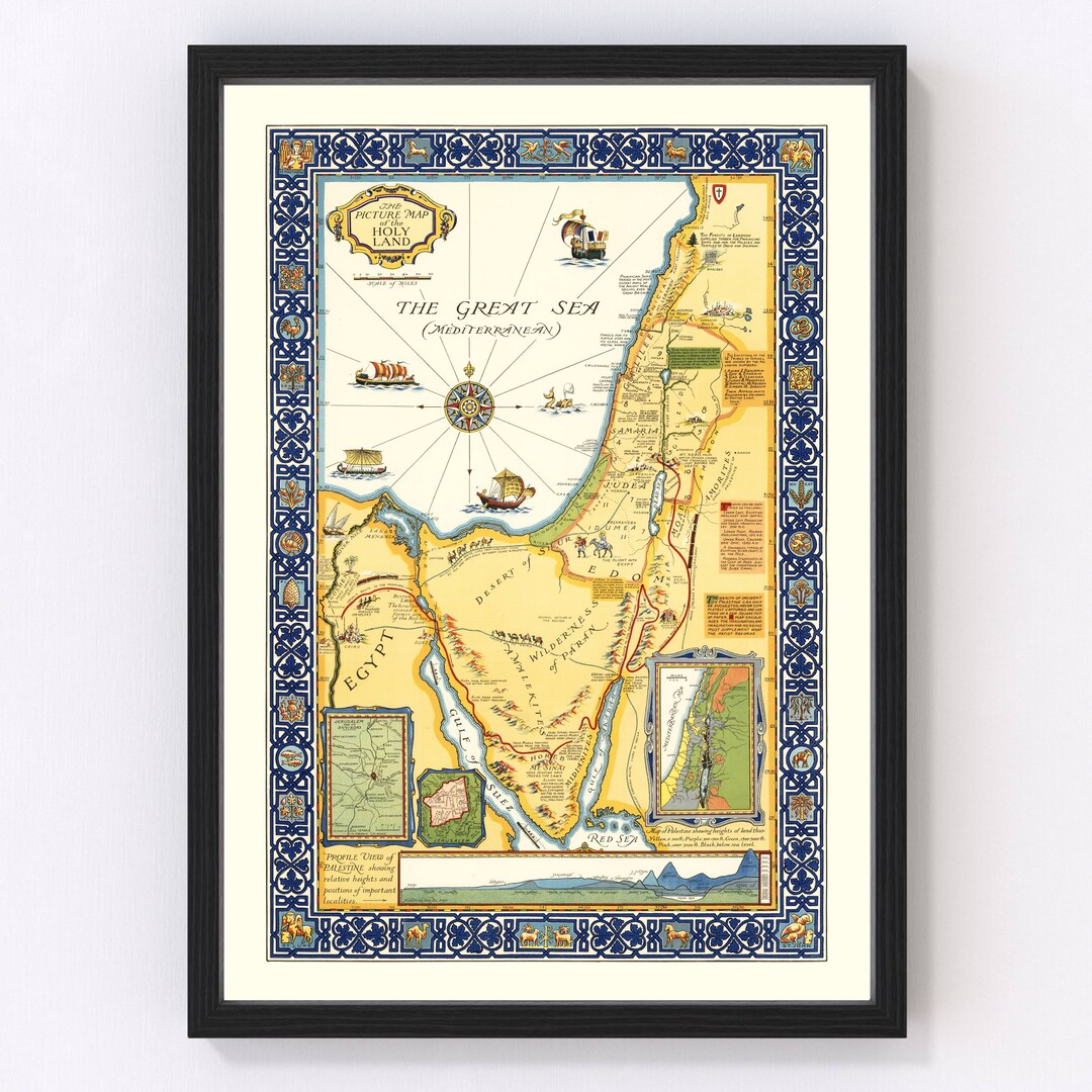 The Holy Land Map 1928 - Old Map of the Holy Land Palestine Art Vintage Print Framed Wall Art ...