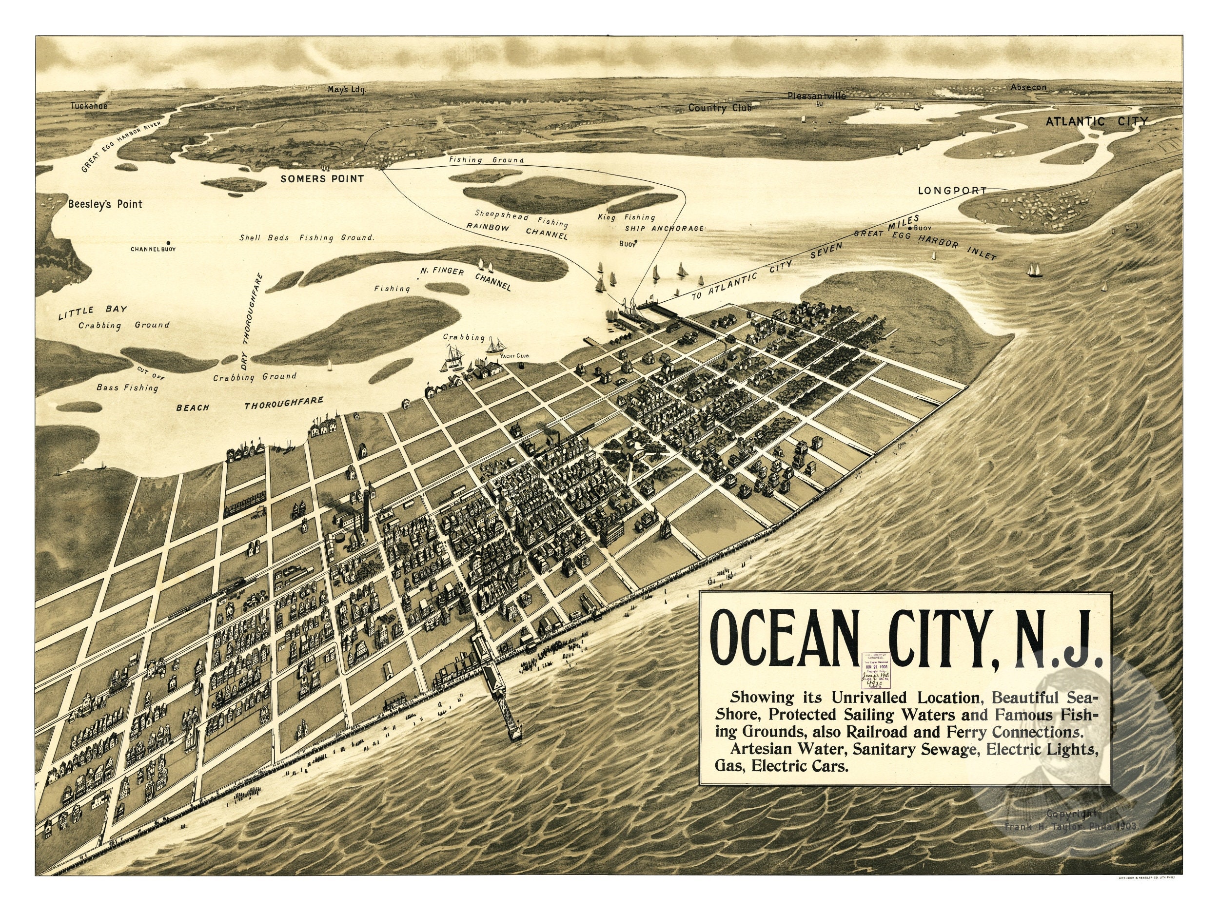 Ocean City New Jersey Vintage Map From 1903 Old City Map Etsy