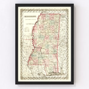Mississippi Map 1855, Vintage Mississippi Map, Old Mississippi Art, Wall Art Gift for Mississippi History Lovers Retro Decor