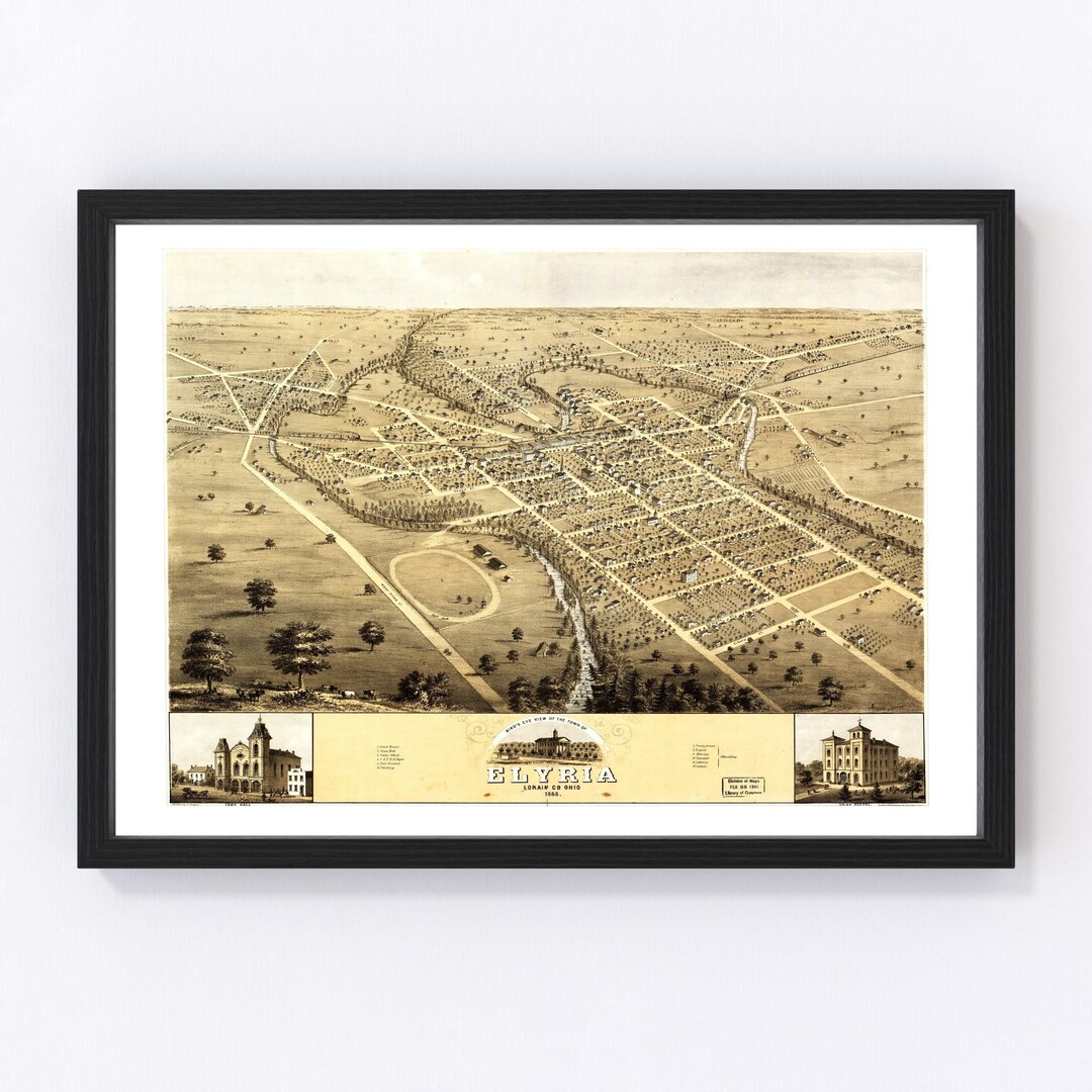 Elyria Map 1868 Old Map of Elyria Ohio Art Vintage Print Framed Canvas