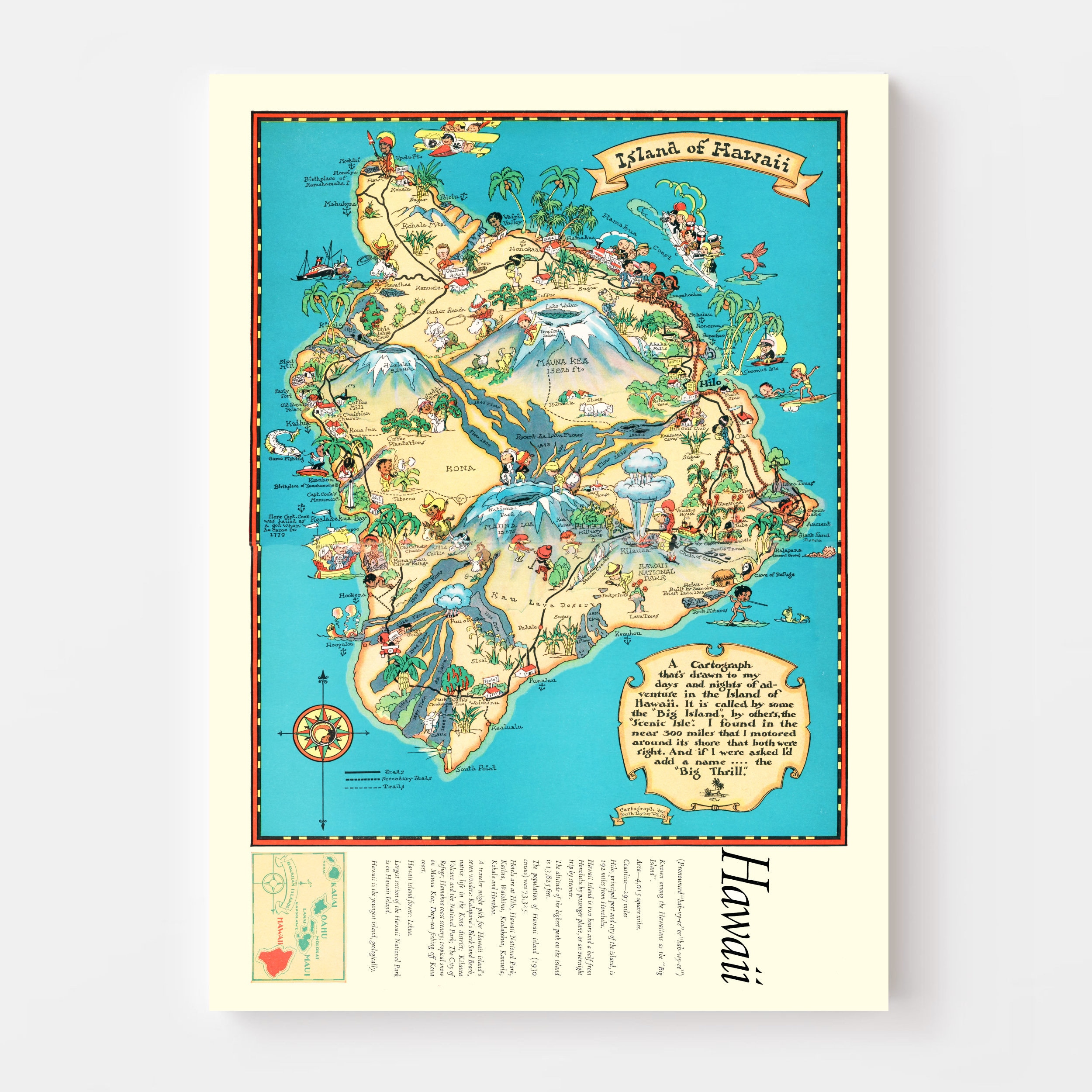 Hawaii Map 1935, Vintage Hawaii Map, Old Hawaii Art, Wall Art Gift