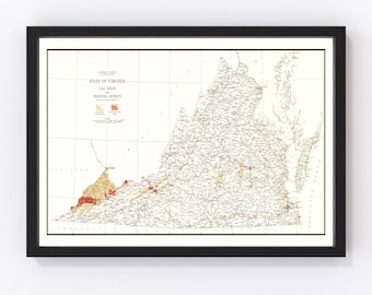May include: A vintage map of the State of Virginia, showing coal fields and producing districts. The map is in black and white with red and yellow highlights. The map is framed in black.