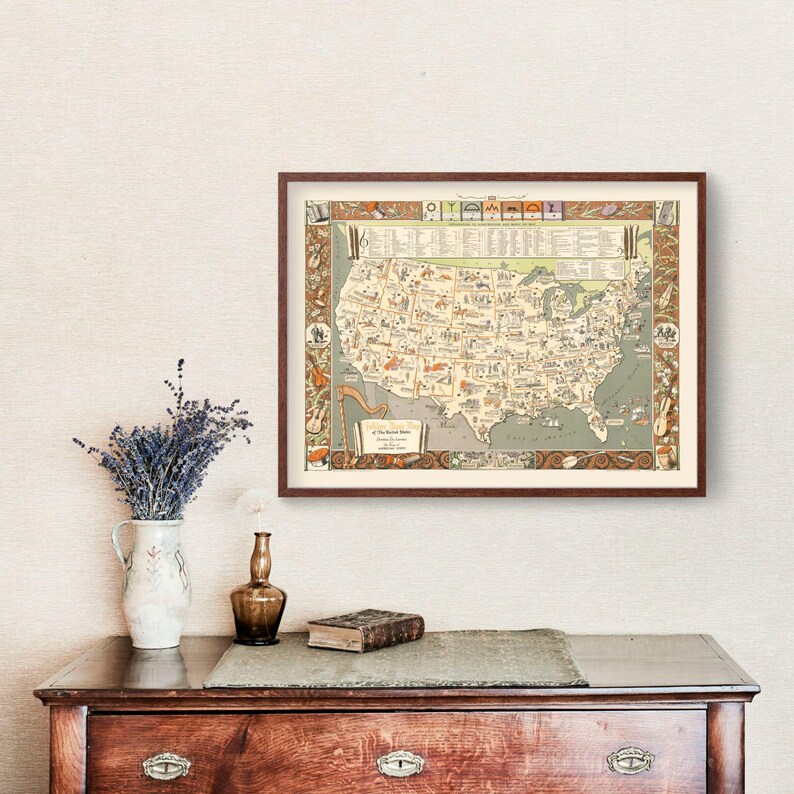 Vintage Folklore Music Map of the United States 1946 Framed Wall Art