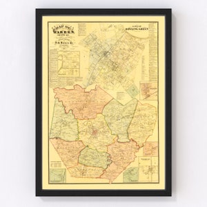 Warren County Map 1877, Vintage Warren County Map, Old Warren County Kentucky Art, Wall Art Gift for Warren County History Lovers Retro Deco