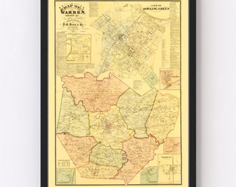 Warren County Kentucky Map 1877 - Old Map of Warren County Kentucky Art Vintage Print Framed Canvas Portrait History Genealogy Farmhouse