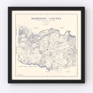May include: A vintage map of Harrison County, Texas, from the General Land Office, July 1950. The map shows the county's boundaries, roads, and towns. The map is printed in blue ink on a white background.