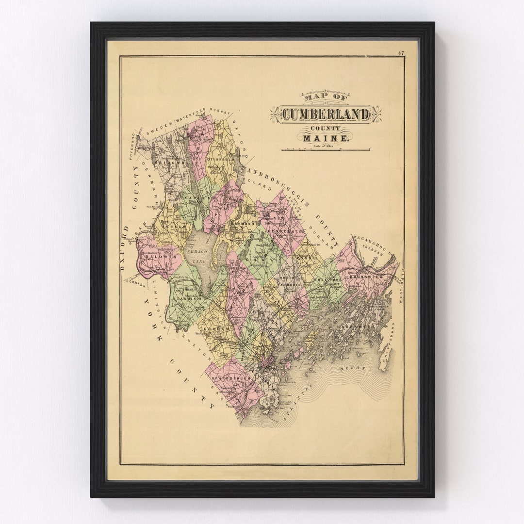 Cumberland County ME Map 1885 Old Map of Portland Maine Art Vintage