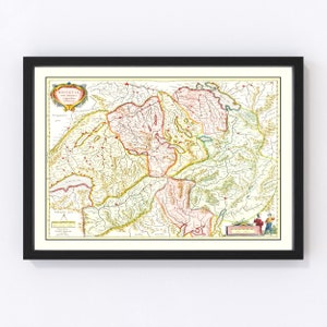 Switzerland Map 1665, Vintage Switzerland Map, Old Switzerland Art, Wall Art Gift for Switzerland History Lovers Retro Decor