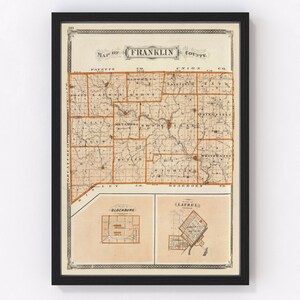 Franklin County Map 1876, Vintage Franklin County Map, Old Franklin County Indiana Art, Wall Art Gift for Franklin County History Lovers Ret