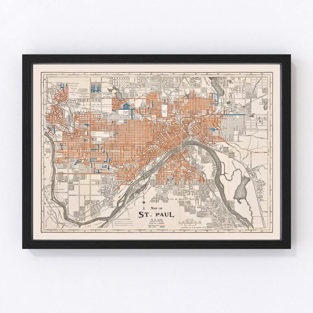 St. Paul Map 1915 Old Map of St. Paul Minnesota Art Vintage Print Framed Canvas Portrait History ...