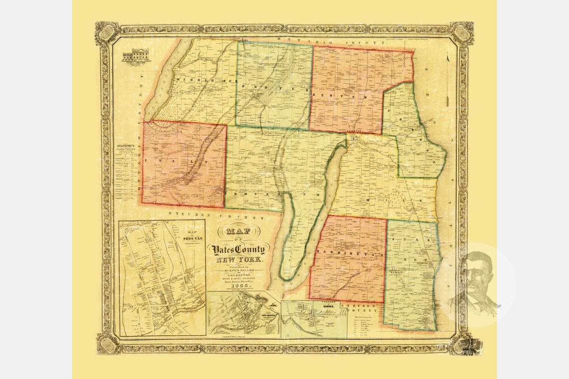 Vintage Yates County Map 1855 Old Map of Yates County New Etsy