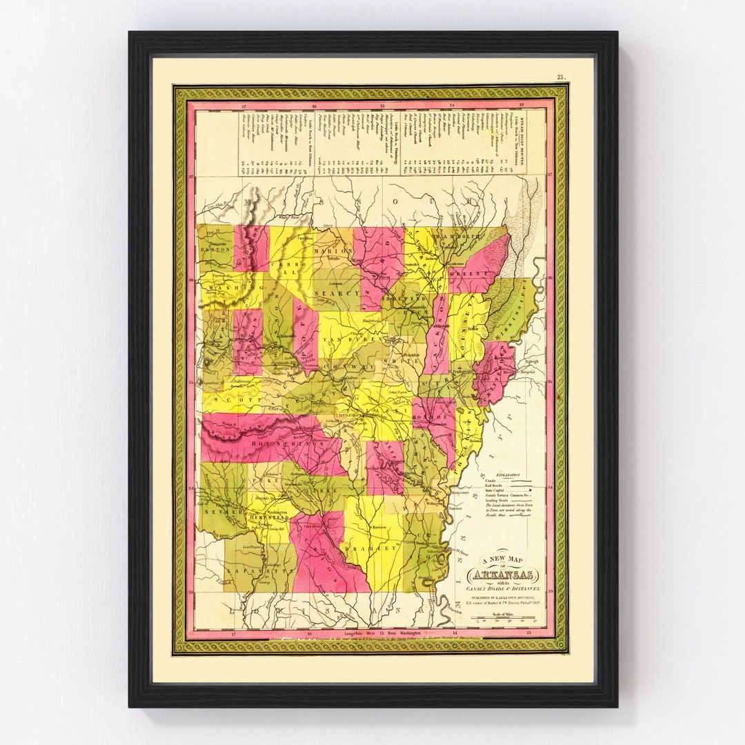 Arkansas Map 1847 Old Map of Arkansas Art Vintage Print Framed Wall Art